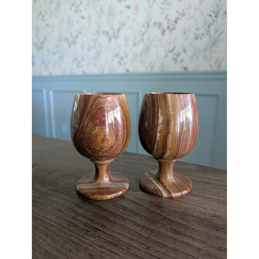 Hand Crafted Onyx Marble Banded Goblets Natural Stone Chalice Set 2 Wine Glasses